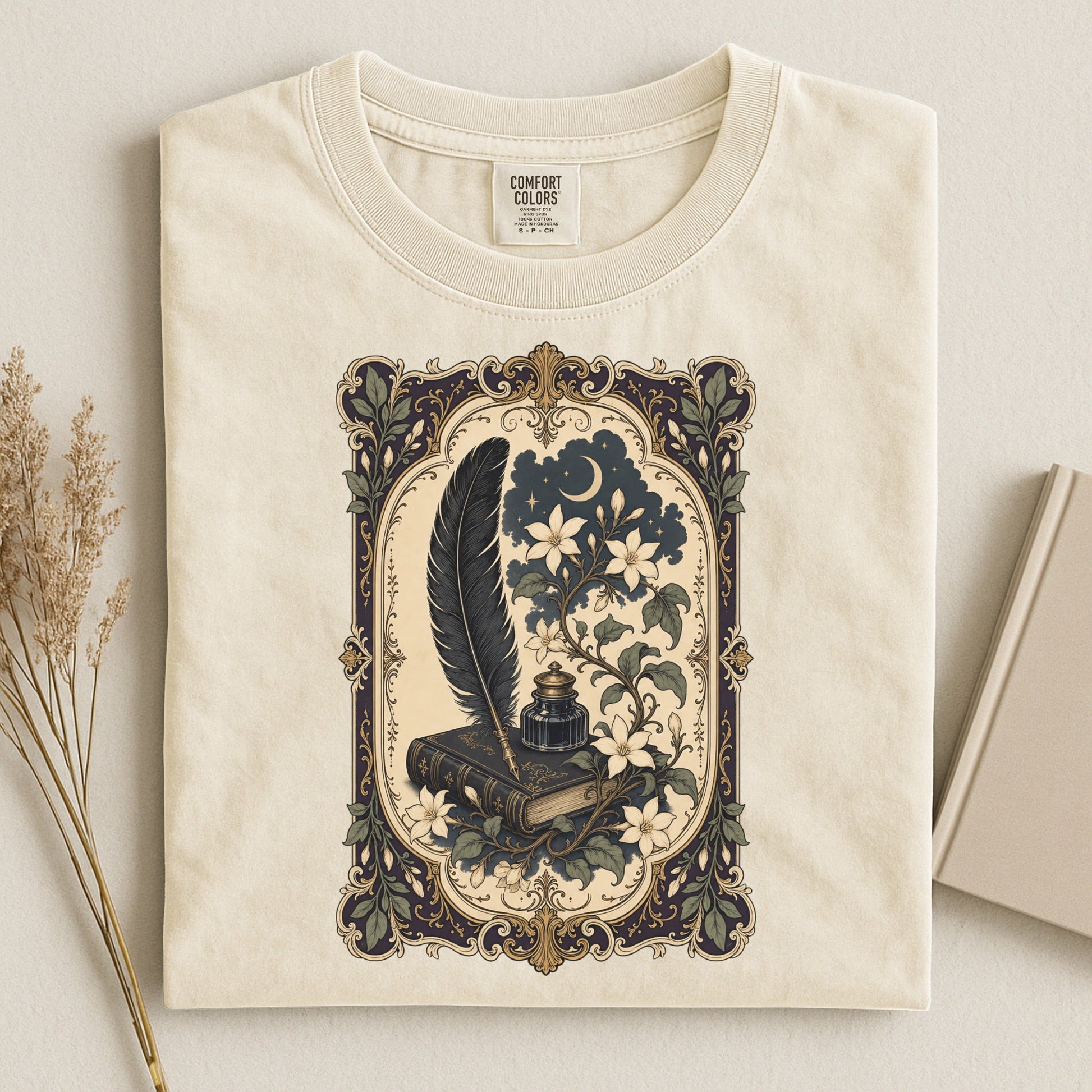 Feather & Wildflowers bookish tee in Ivory, flat lay
