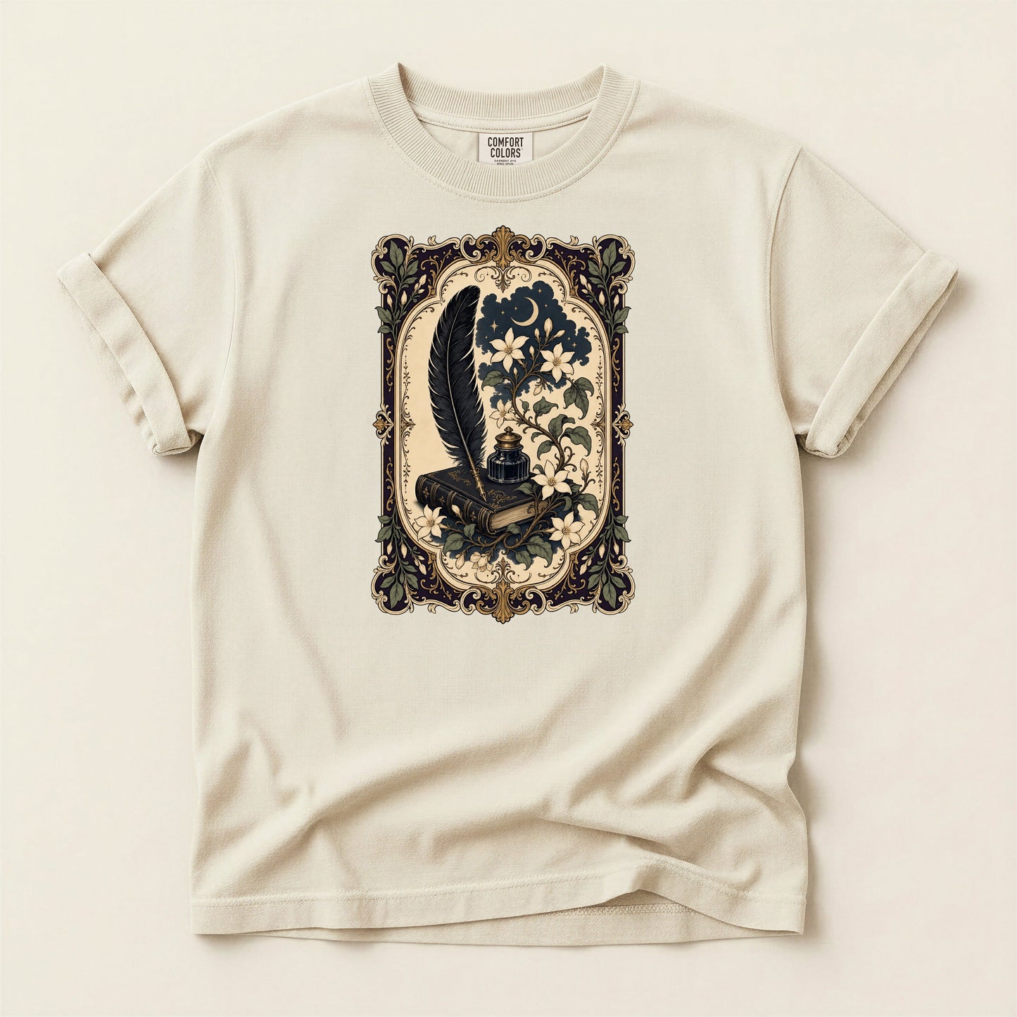 Feather & Wildflowers bookish tee in Ivory, full flat