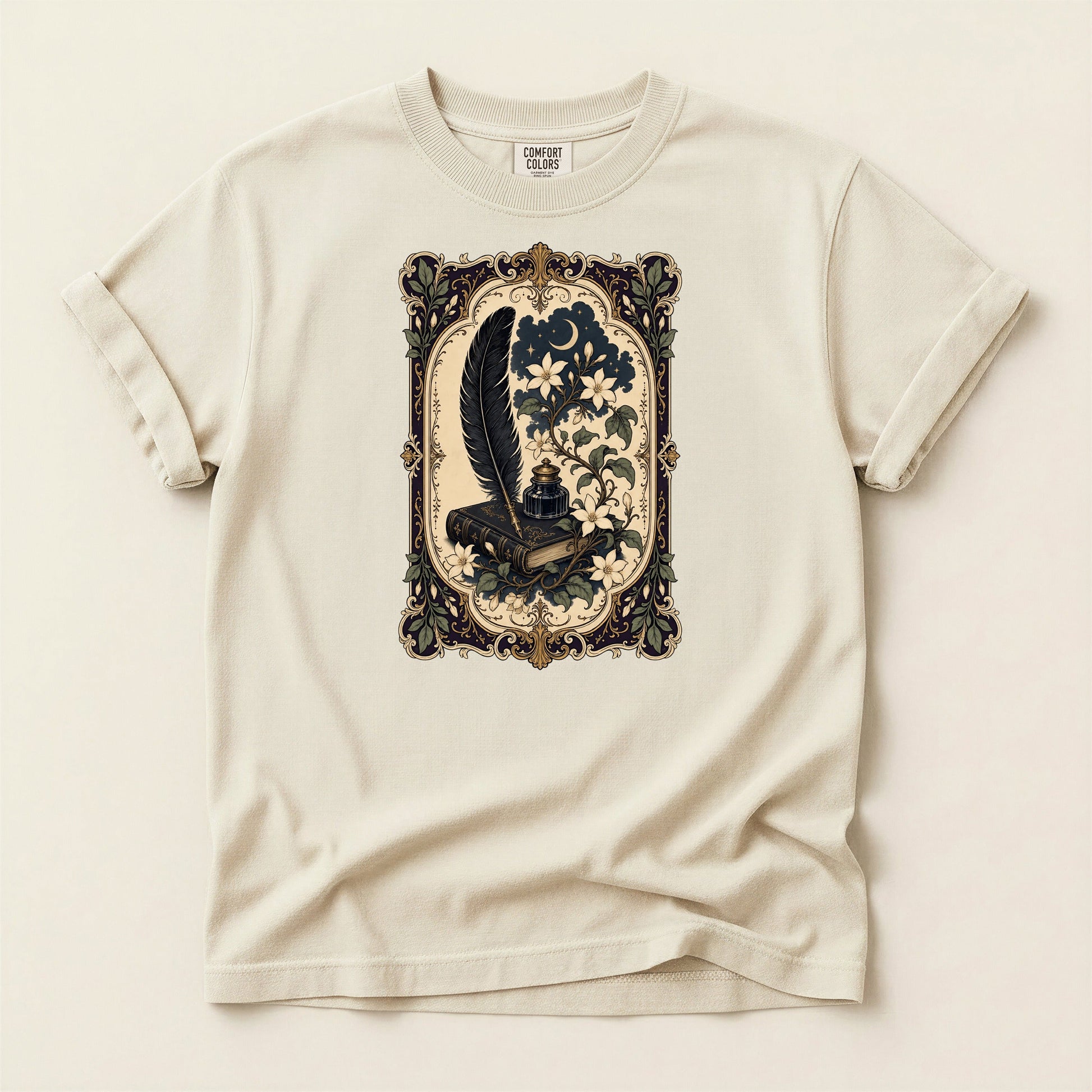 Feather & Wildflowers bookish tee in Ivory, full flat