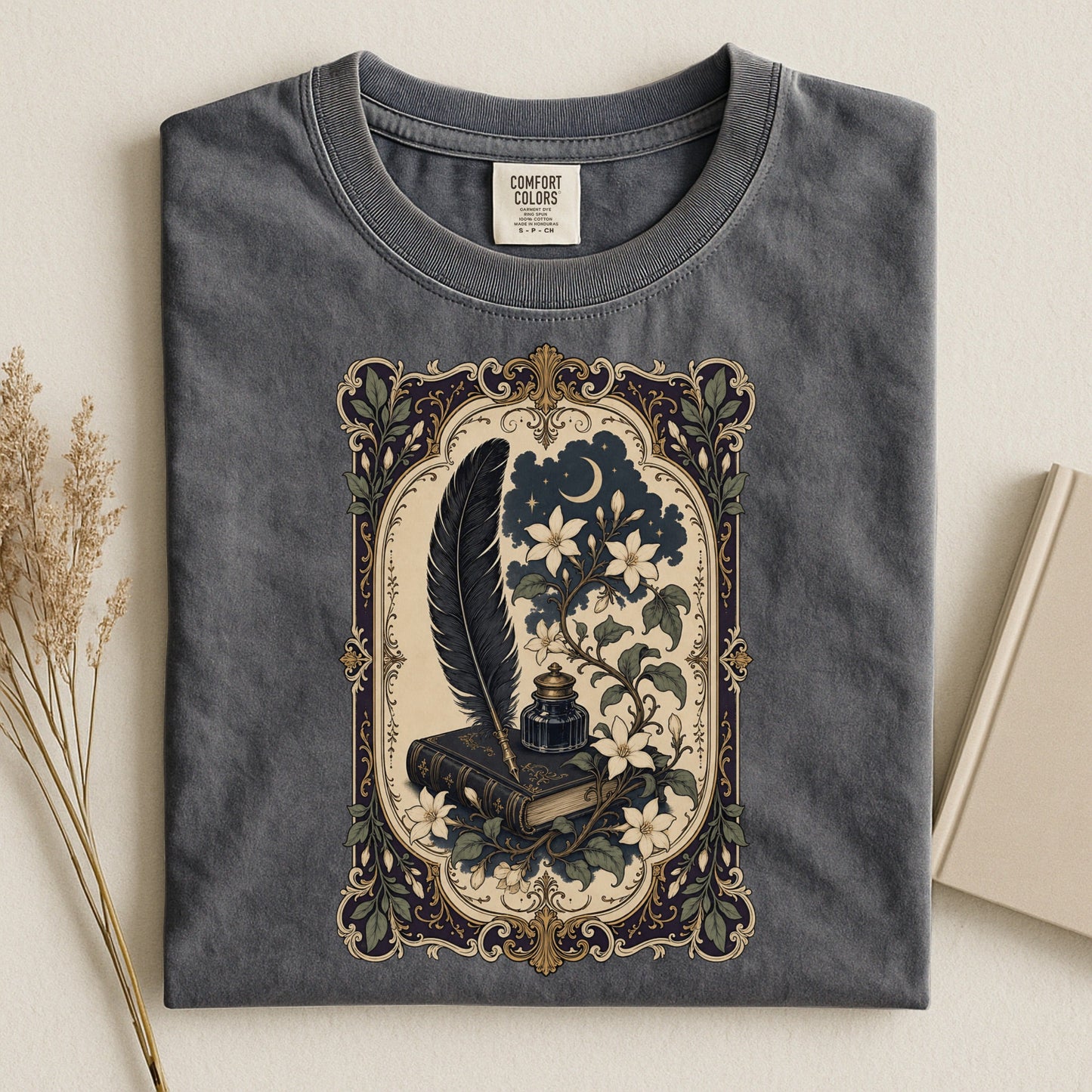 Feather & Wildflowers bookish tee in Pepper, flat lay
