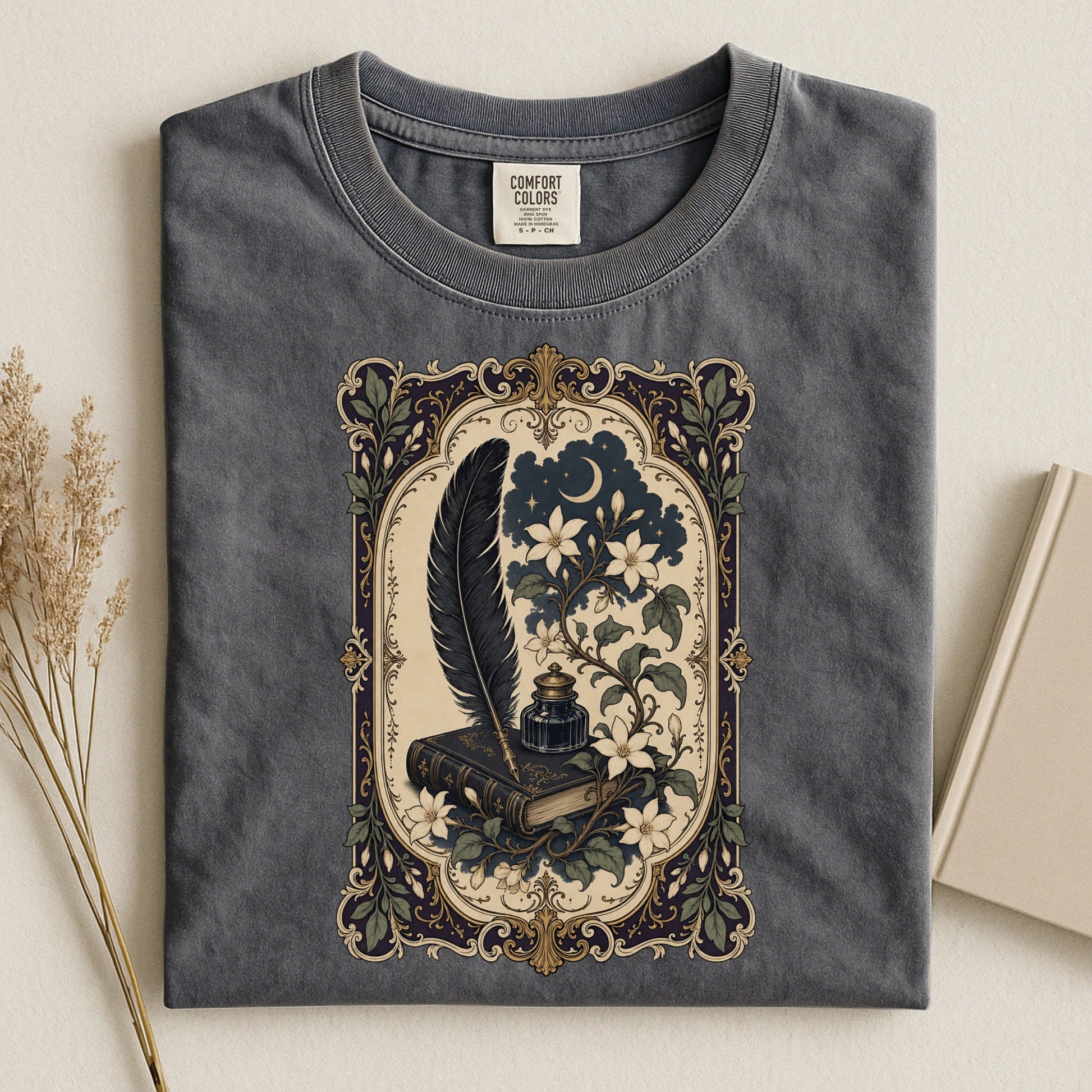 Feather & Wildflowers bookish tee in Pepper, flat lay