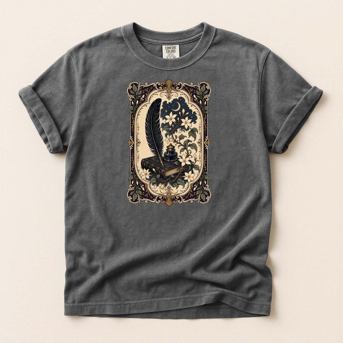 Feather & Wildflowers bookish tee in Pepper, full flat