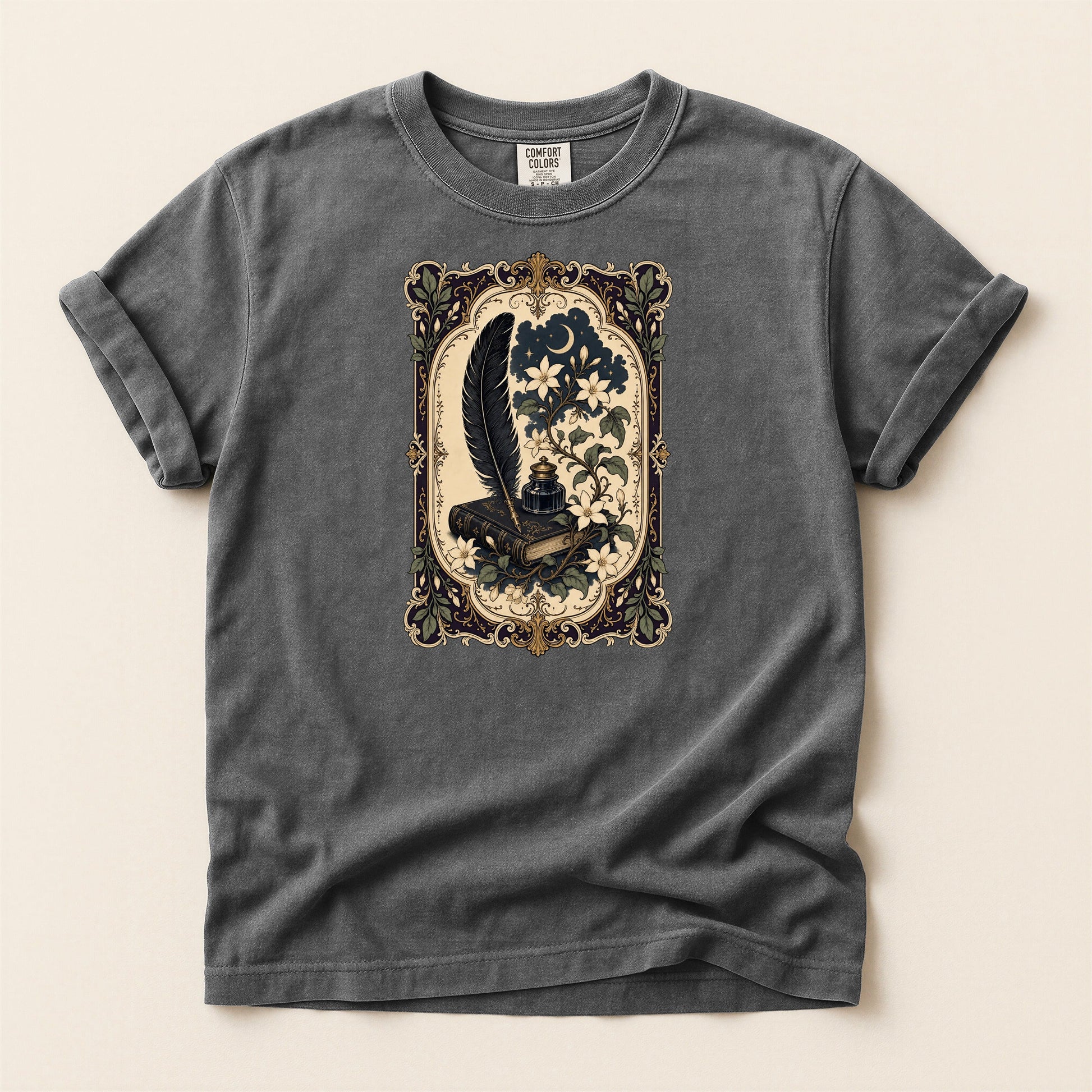 Feather & Wildflowers bookish tee in Pepper, full flat
