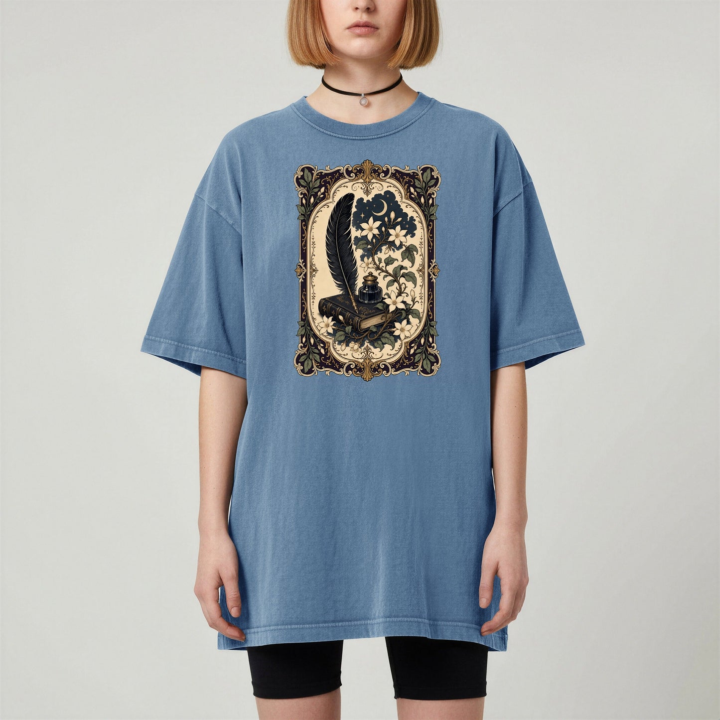 Feather & Wildflowers bookish tee in Blue Jean, worn