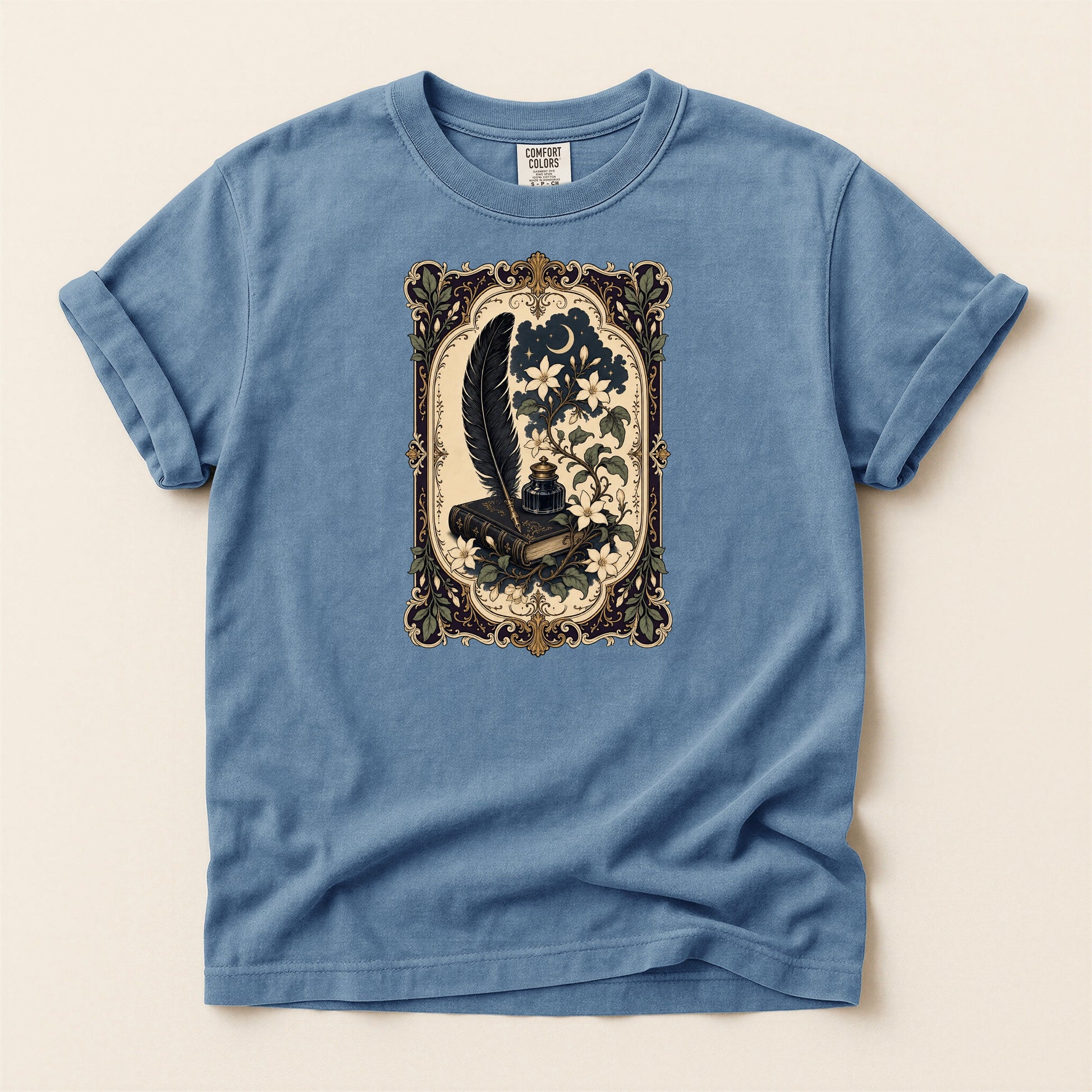 Feather & Wildflowers bookish tee in Blue Jean, full flat