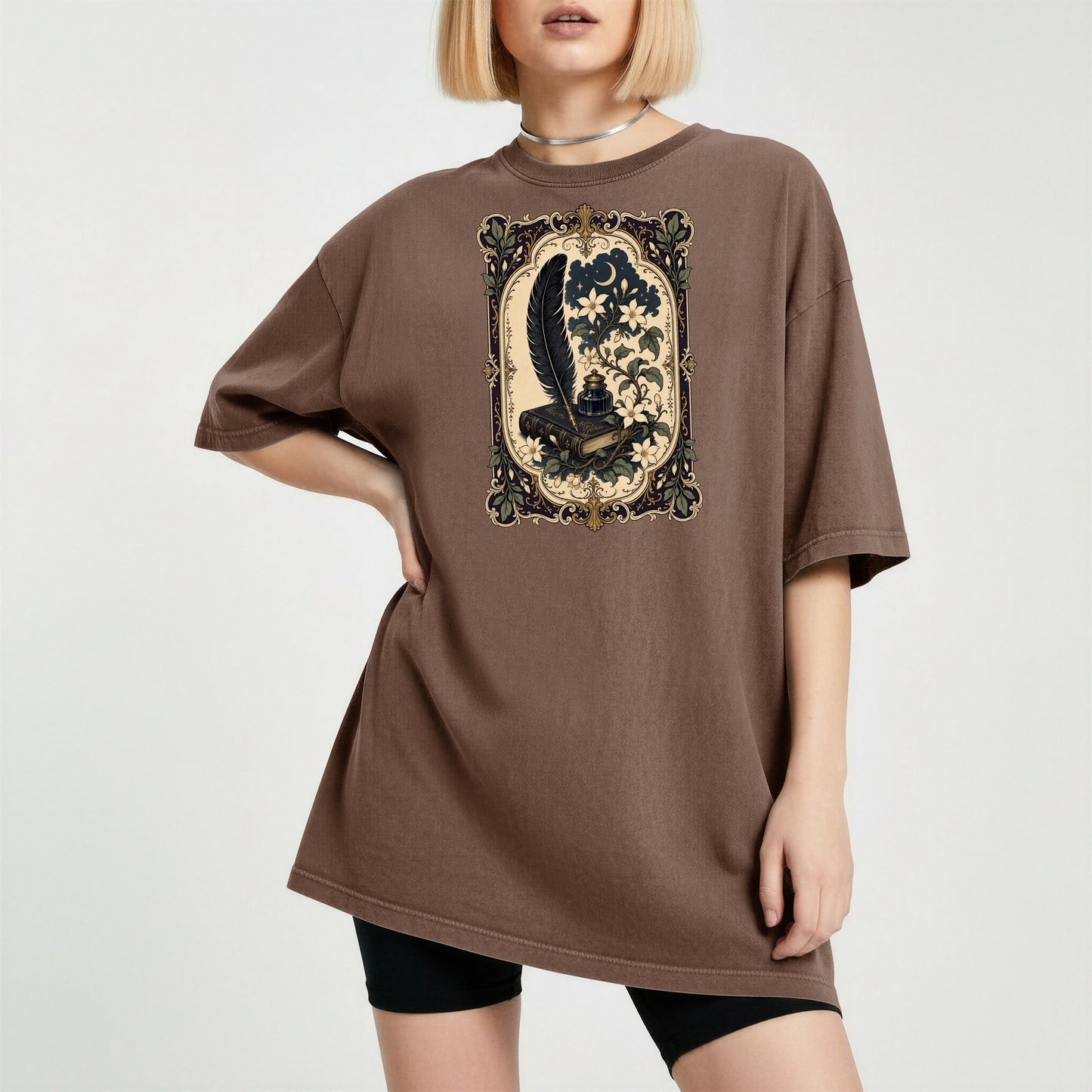 Feather & Wildflowers bookish tee in Espresso, worn