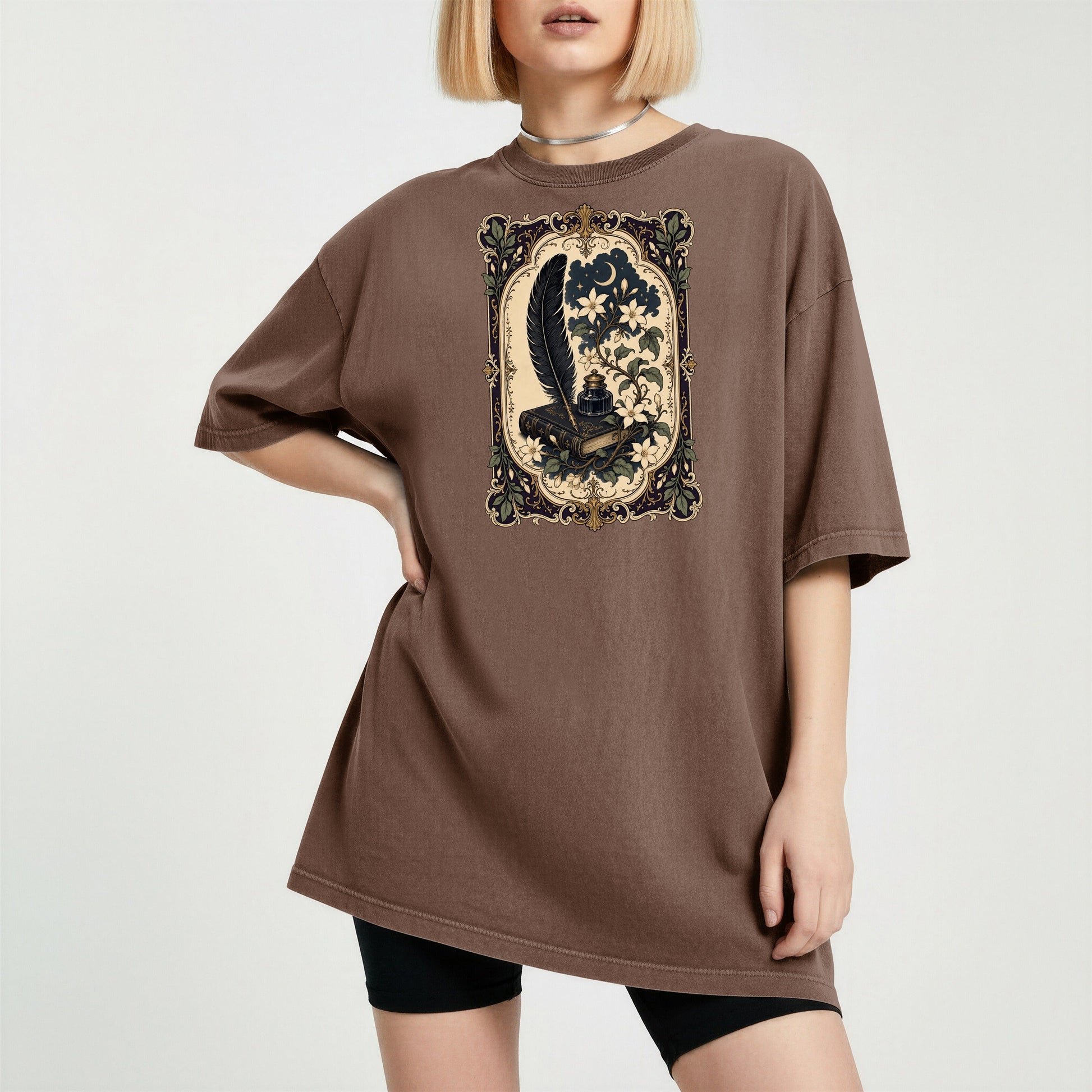 Feather & Wildflowers bookish tee in Espresso, worn
