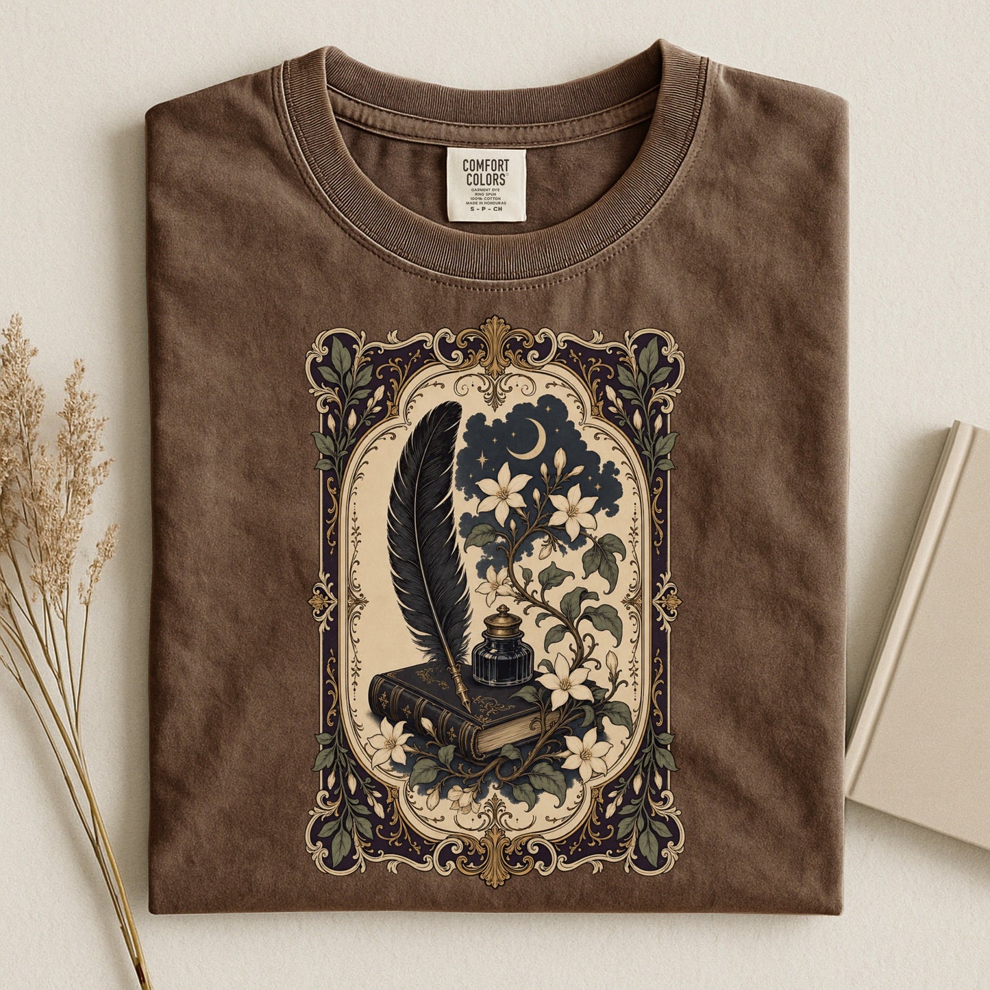 Feather & Wildflowers bookish tee in Espresso, flat lay