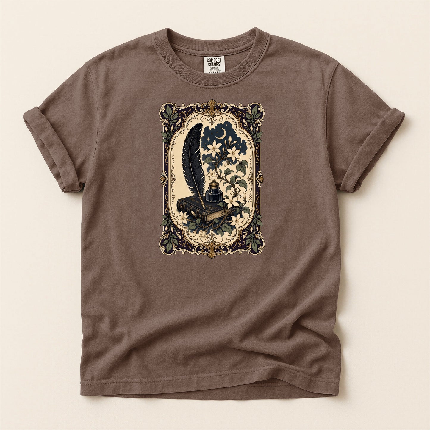Feather & Wildflowers bookish tee in Espresso, full flat