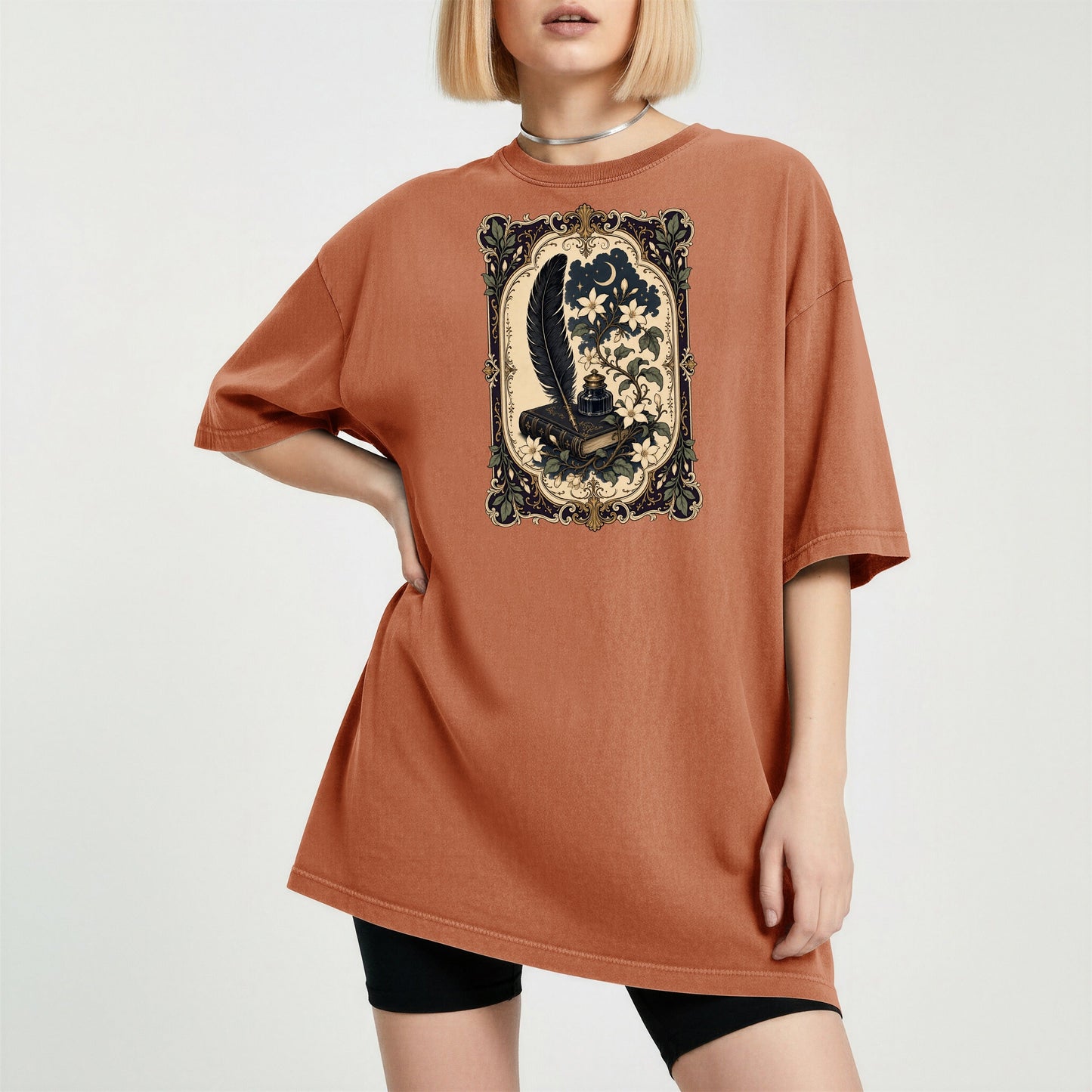 Feather & Wildflowers bookish tee in Yam, worn