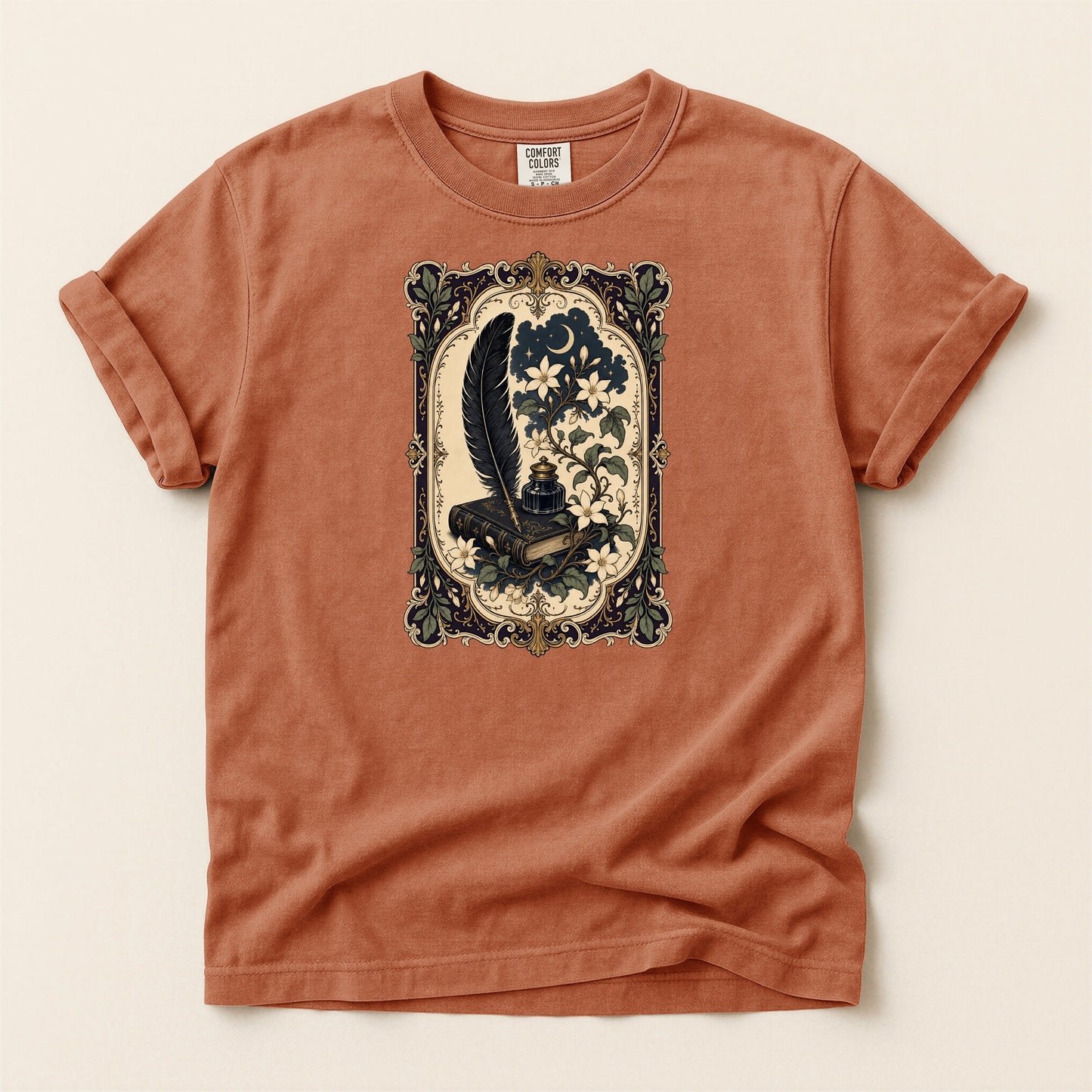 Feather & Wildflowers bookish tee in Yam, full flat