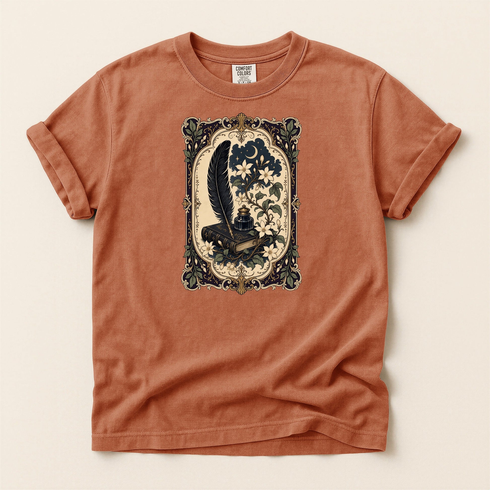 Feather & Wildflowers bookish tee in Yam, full flat