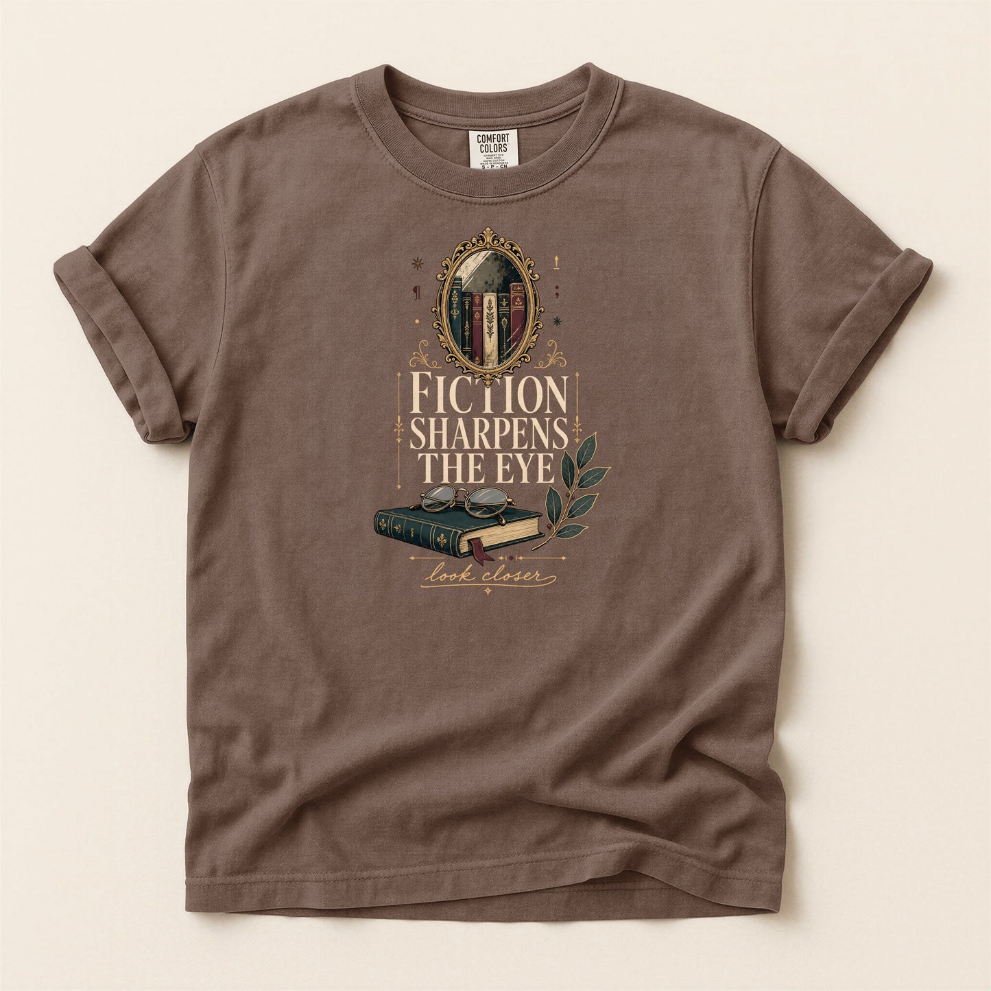 Fiction Sharpens the Eye bookish tee in Espresso, full flat