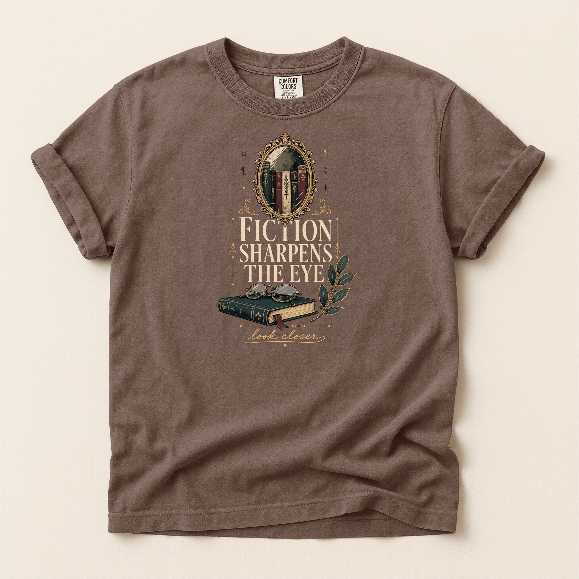 Fiction Sharpens the Eye bookish tee in Espresso, full flat