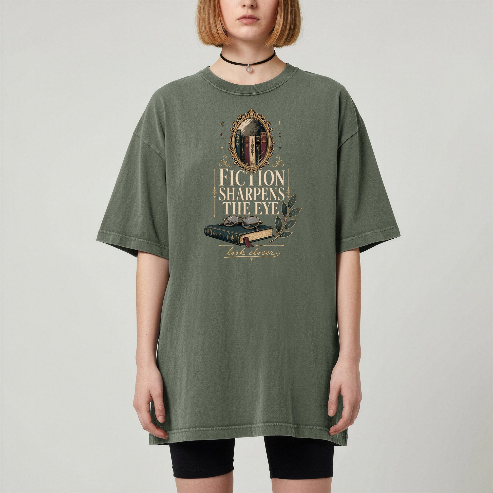 Fiction Sharpens the Eye bookish tee in Moss, worn