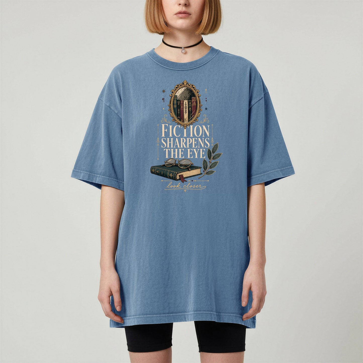 Fiction Sharpens the Eye bookish tee in Blue Jean, worn