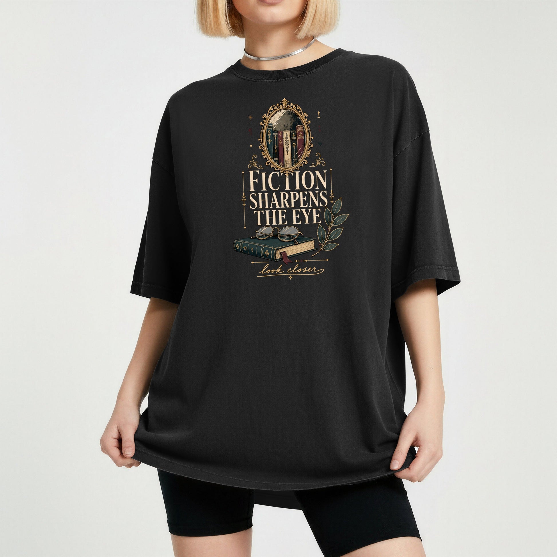 Fiction Sharpens the Eye bookish tee in Black, worn