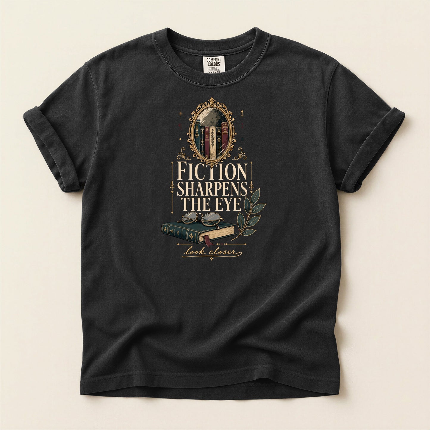 Fiction Sharpens the Eye bookish tee in Black, full flat