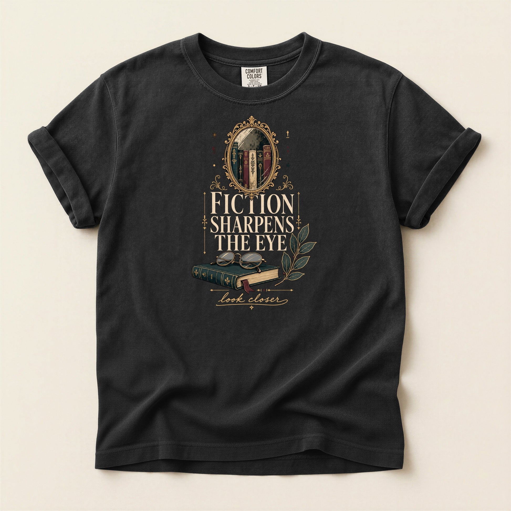 Fiction Sharpens the Eye bookish tee in Black, full flat