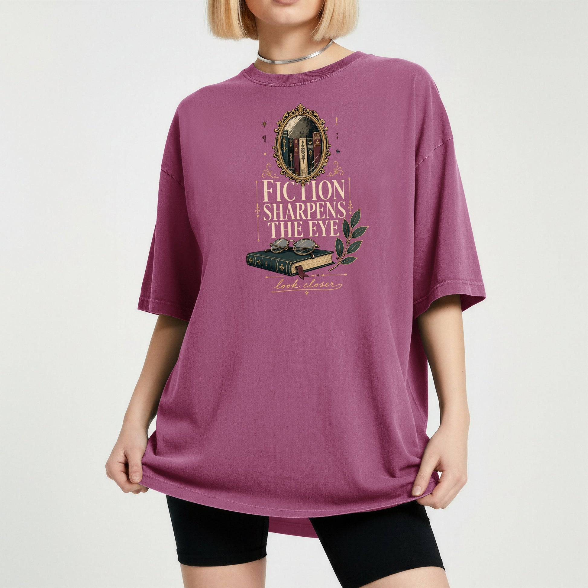 Fiction Sharpens the Eye bookish tee in Berry, worn