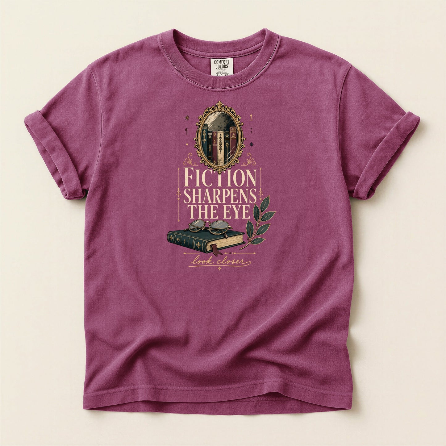 Fiction Sharpens the Eye bookish tee in Berry, full flat
