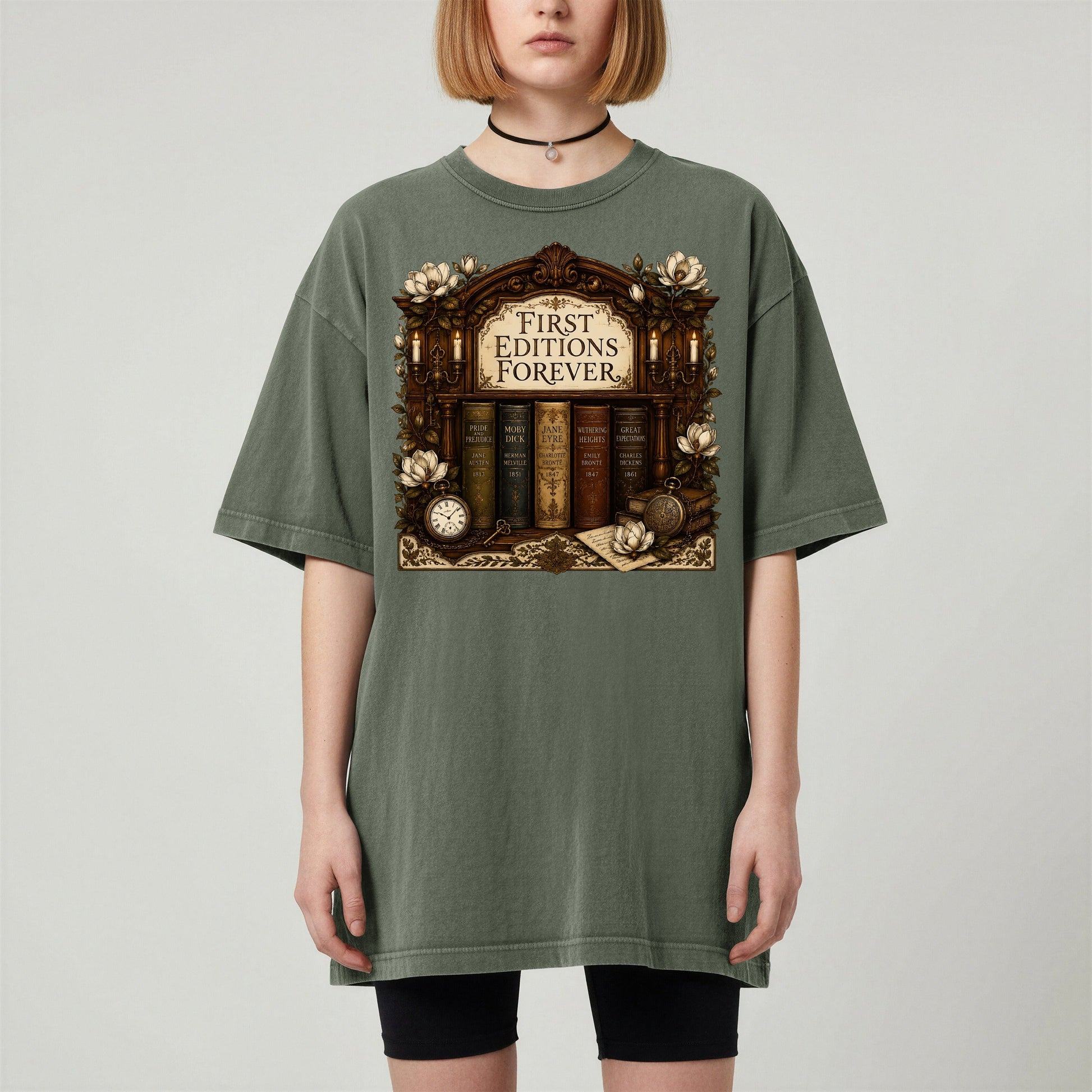 First Editions Forever bookish tee in Moss, worn