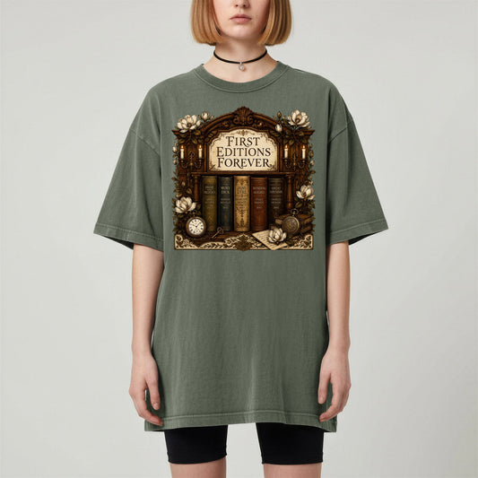 First Editions Forever bookish tee in Moss, worn