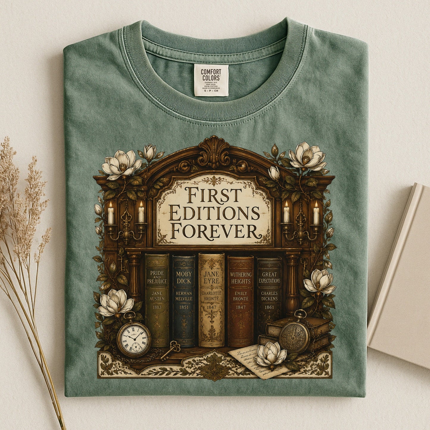First Editions Forever bookish tee in Moss, flat lay
