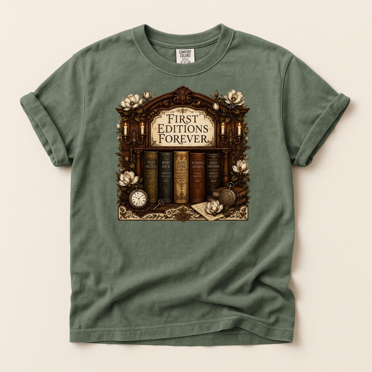 First Editions Forever bookish tee in Moss, full flat