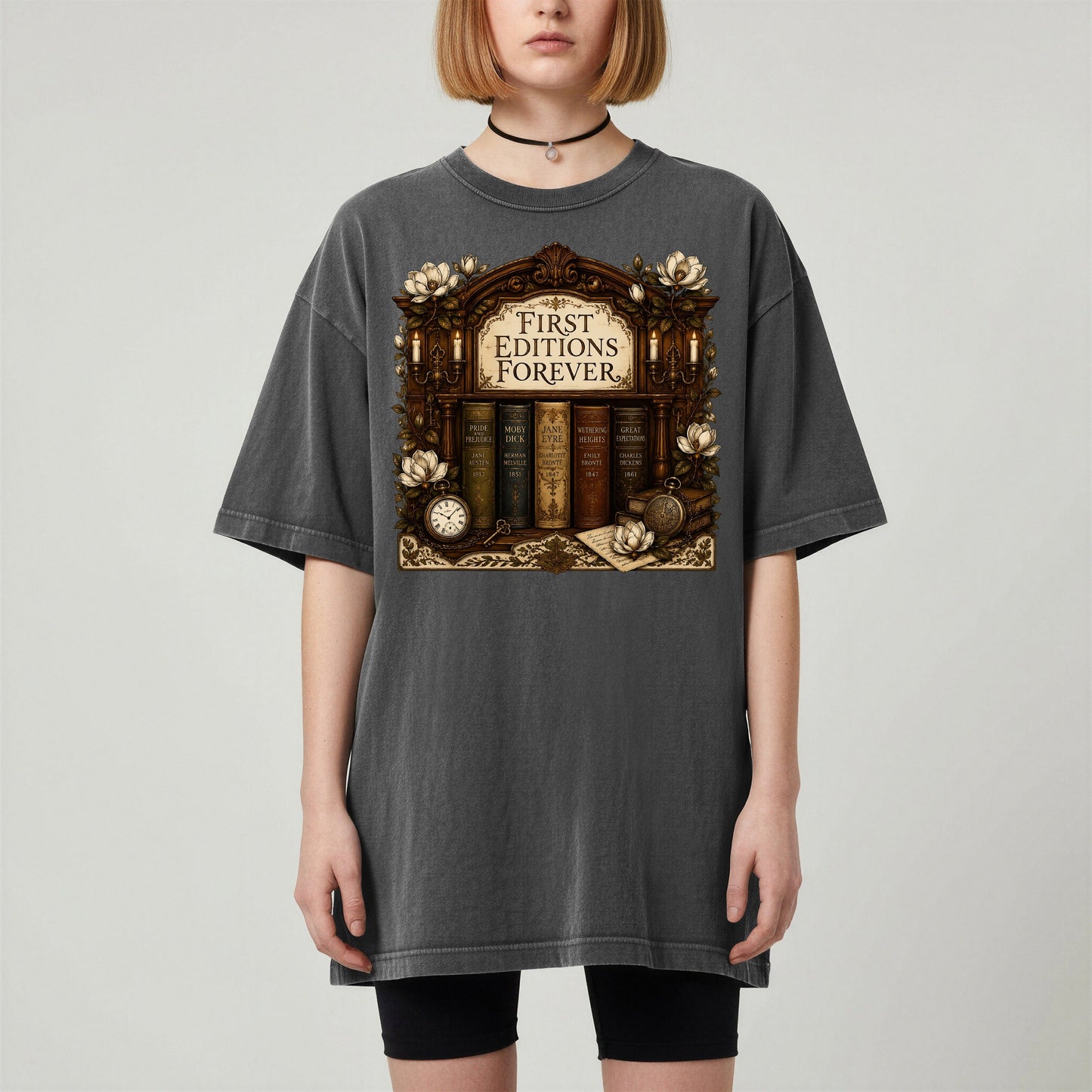 First Editions Forever bookish tee in Pepper, worn