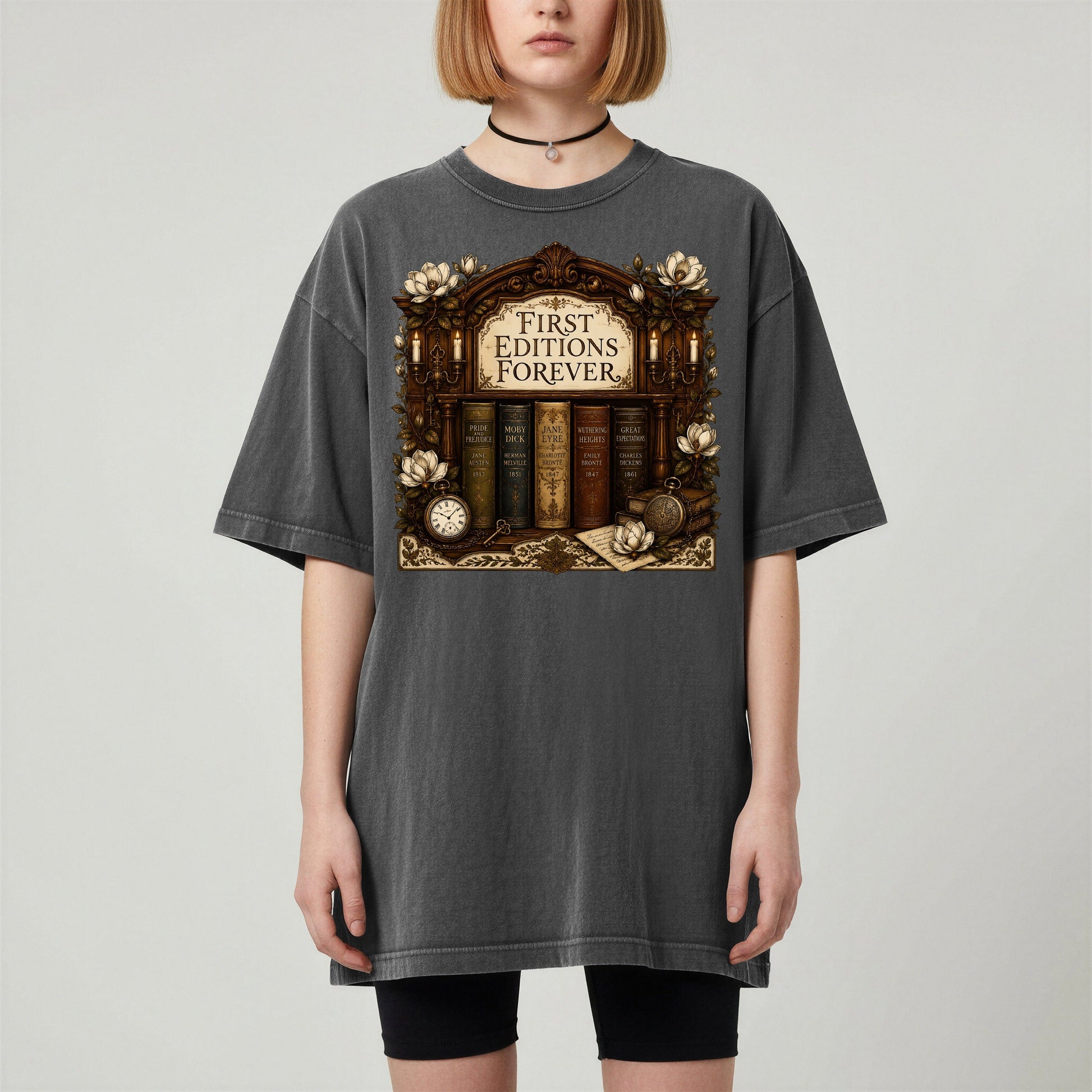 First Editions Forever bookish tee in Pepper, worn
