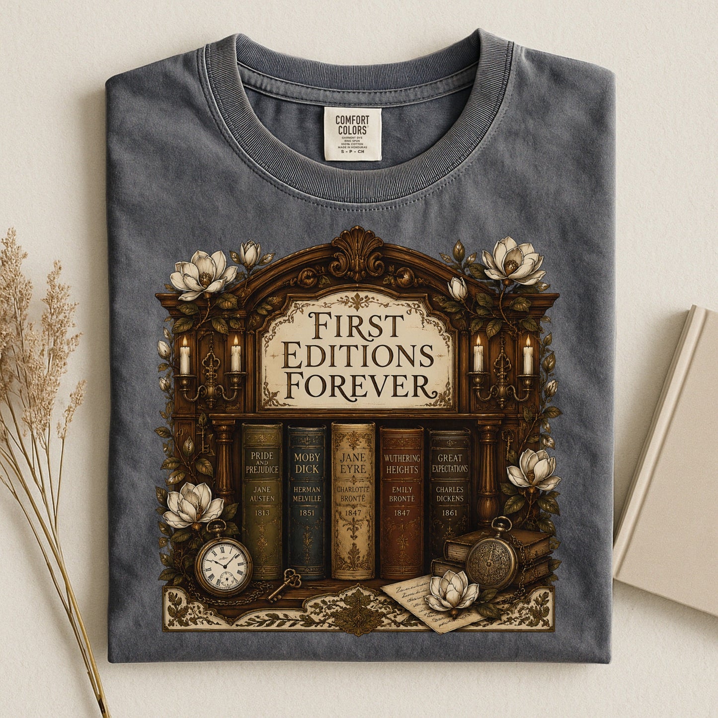 First Editions Forever bookish tee in Pepper, flat lay