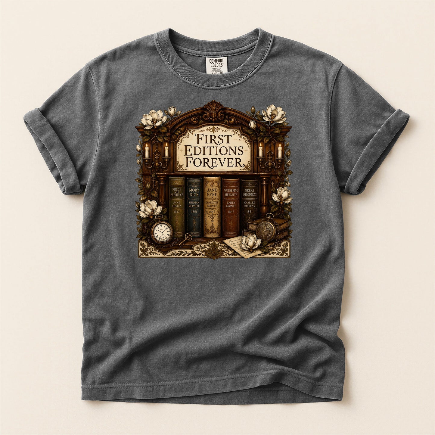 First Editions Forever bookish tee in Pepper, full flat