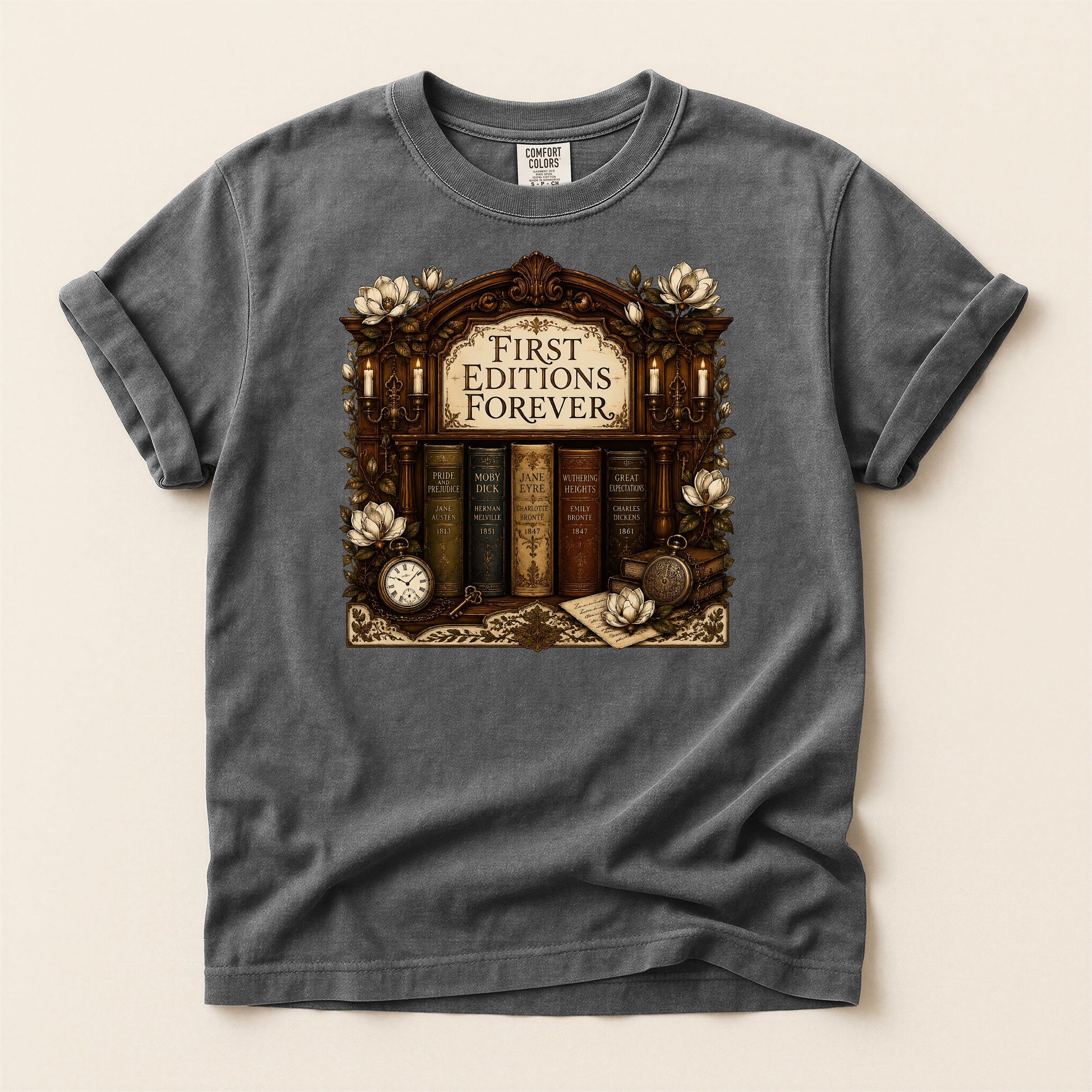 First Editions Forever bookish tee in Pepper, full flat