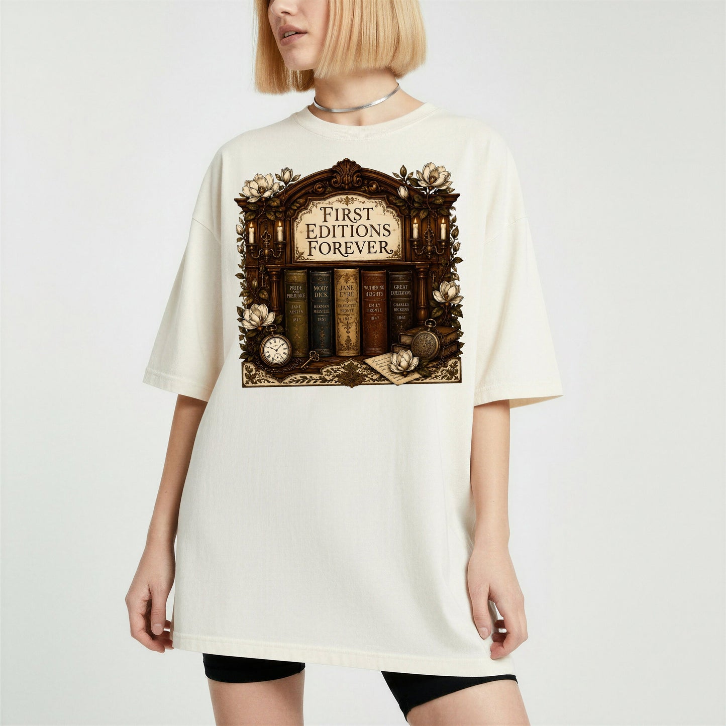 First Editions Forever bookish tee in Ivory, worn