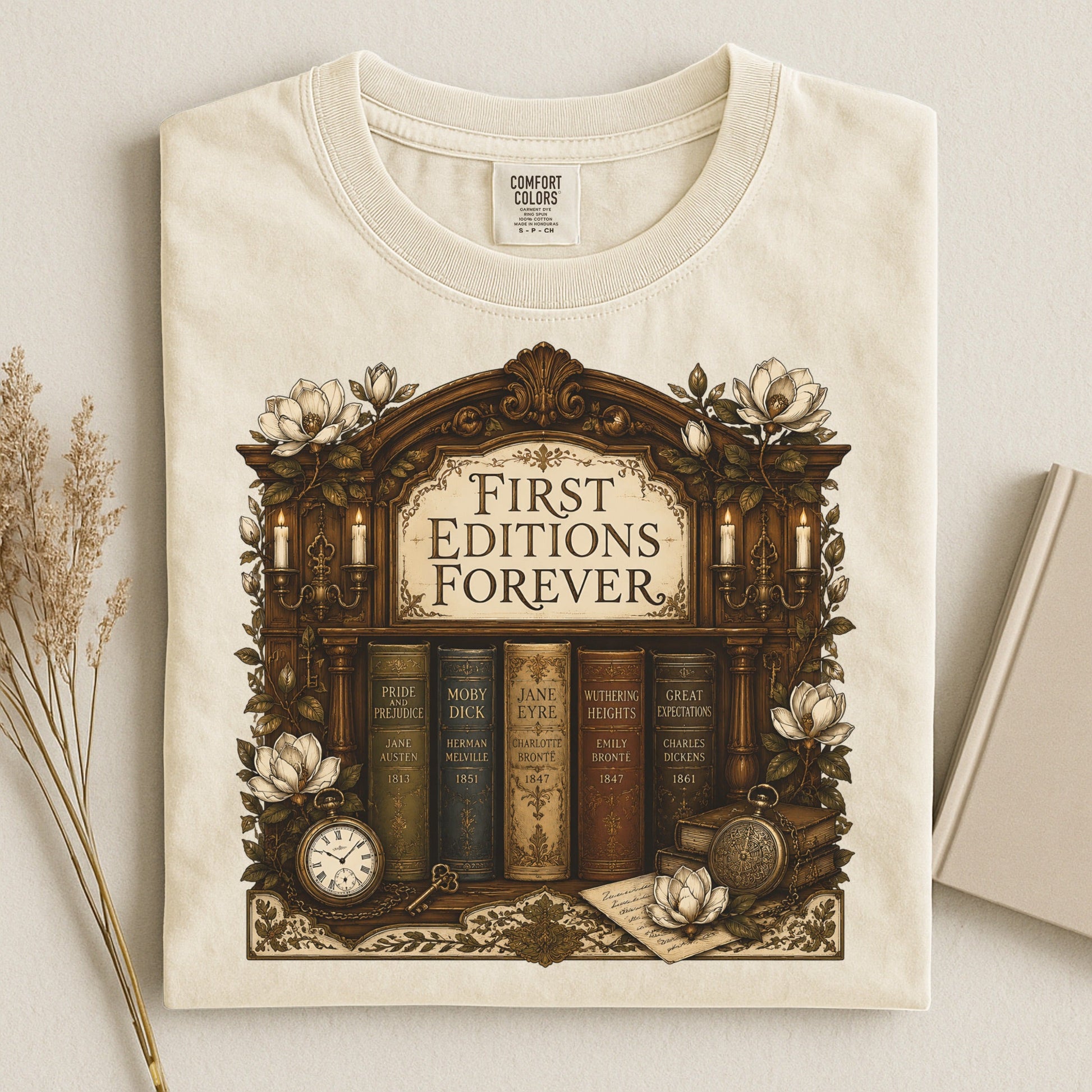 First Editions Forever bookish tee in Ivory, flat lay