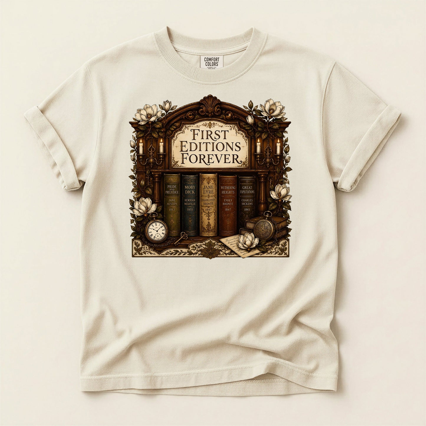 First Editions Forever bookish tee in Ivory, full flat