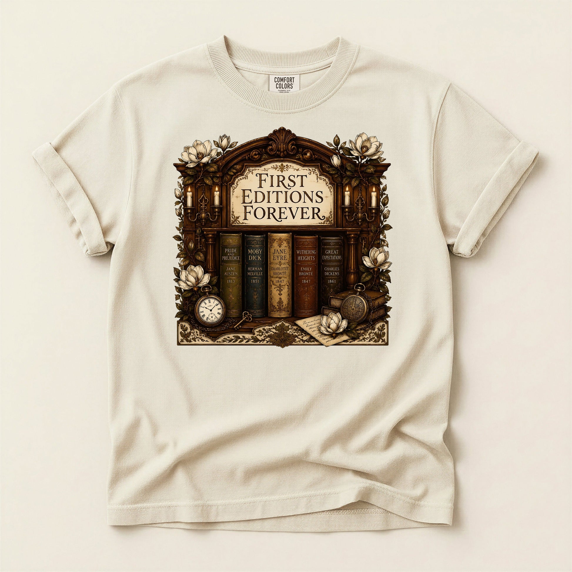 First Editions Forever bookish tee in Ivory, full flat