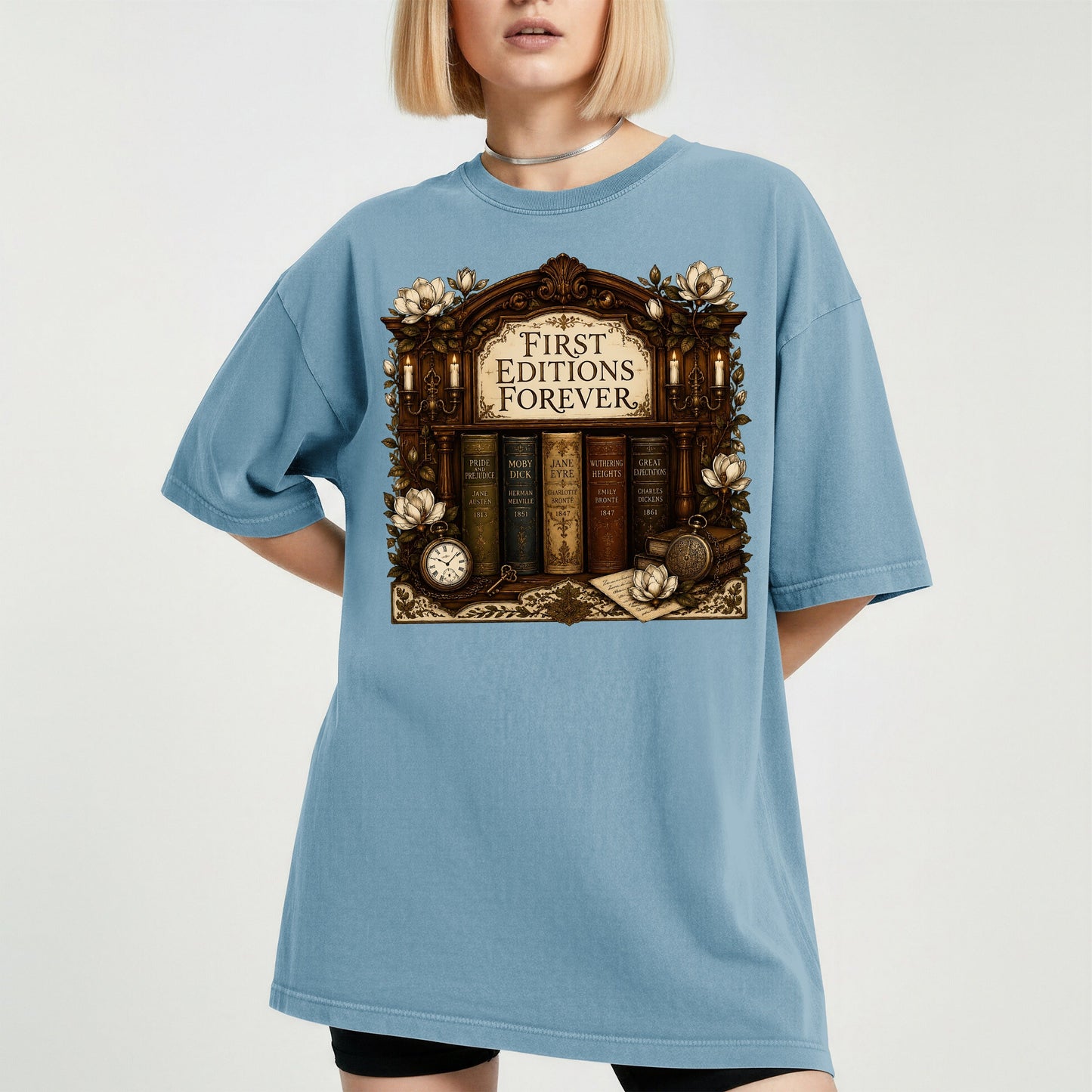 First Editions Forever bookish tee in Ice Blue, worn