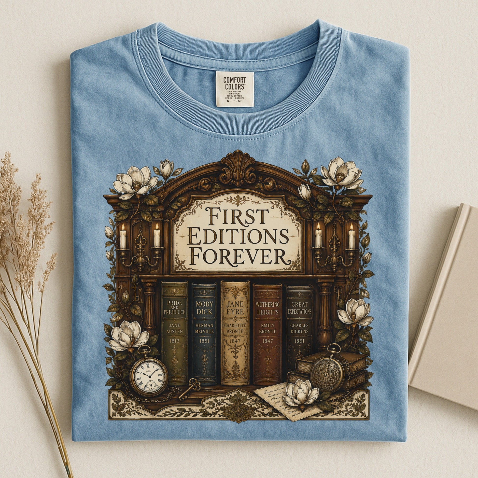 First Editions Forever bookish tee in Ice Blue, flat lay