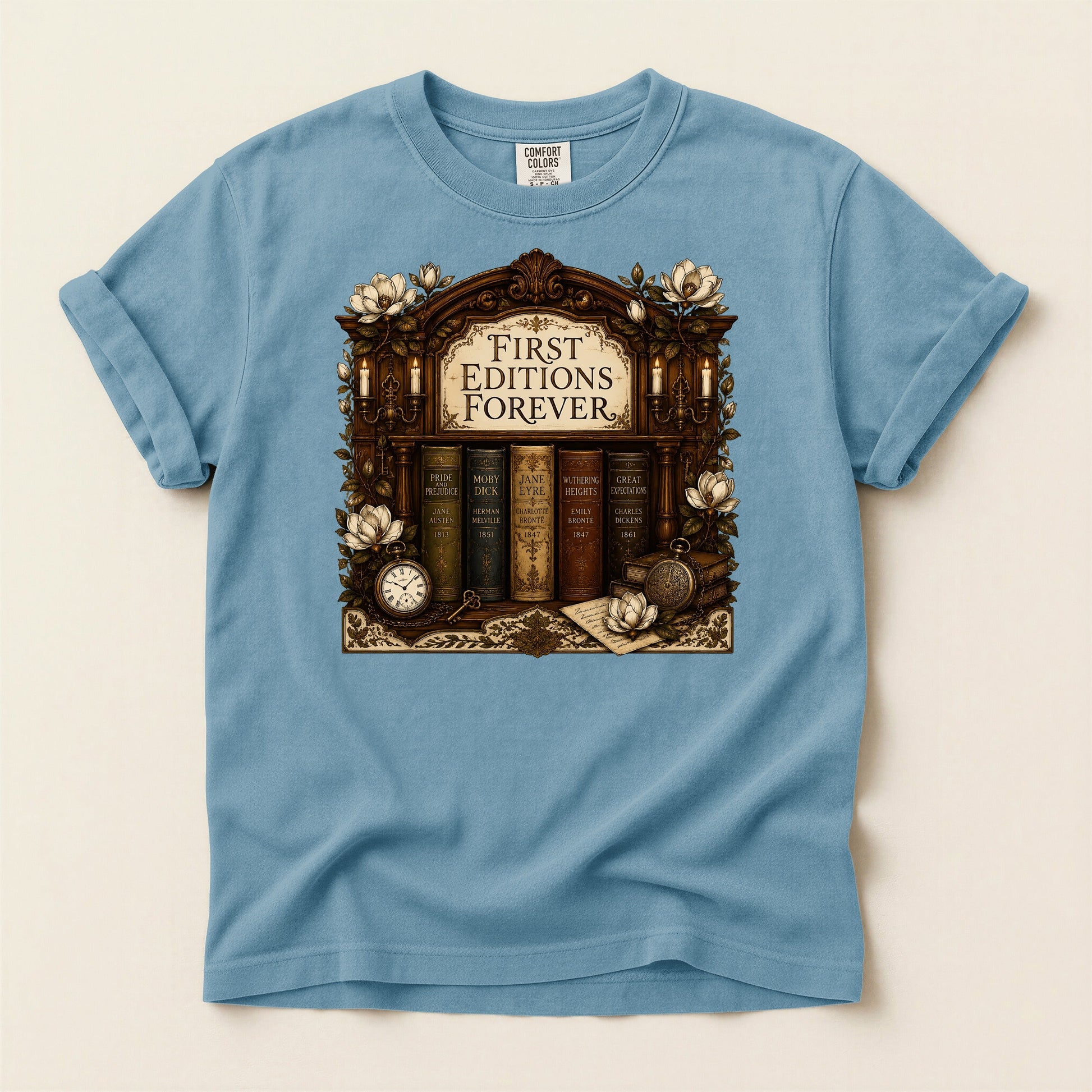First Editions Forever bookish tee in Ice Blue, full flat