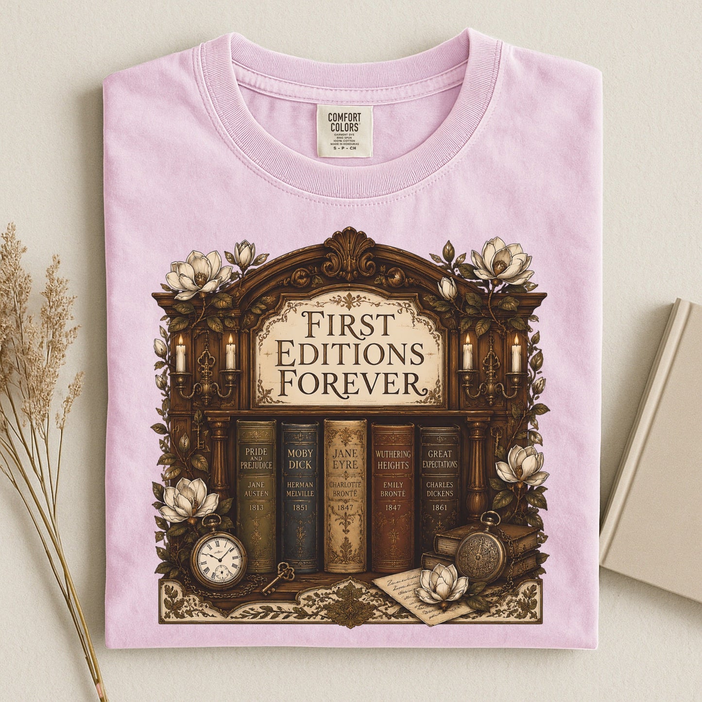 First Editions Forever bookish tee in Blossom, flat lay