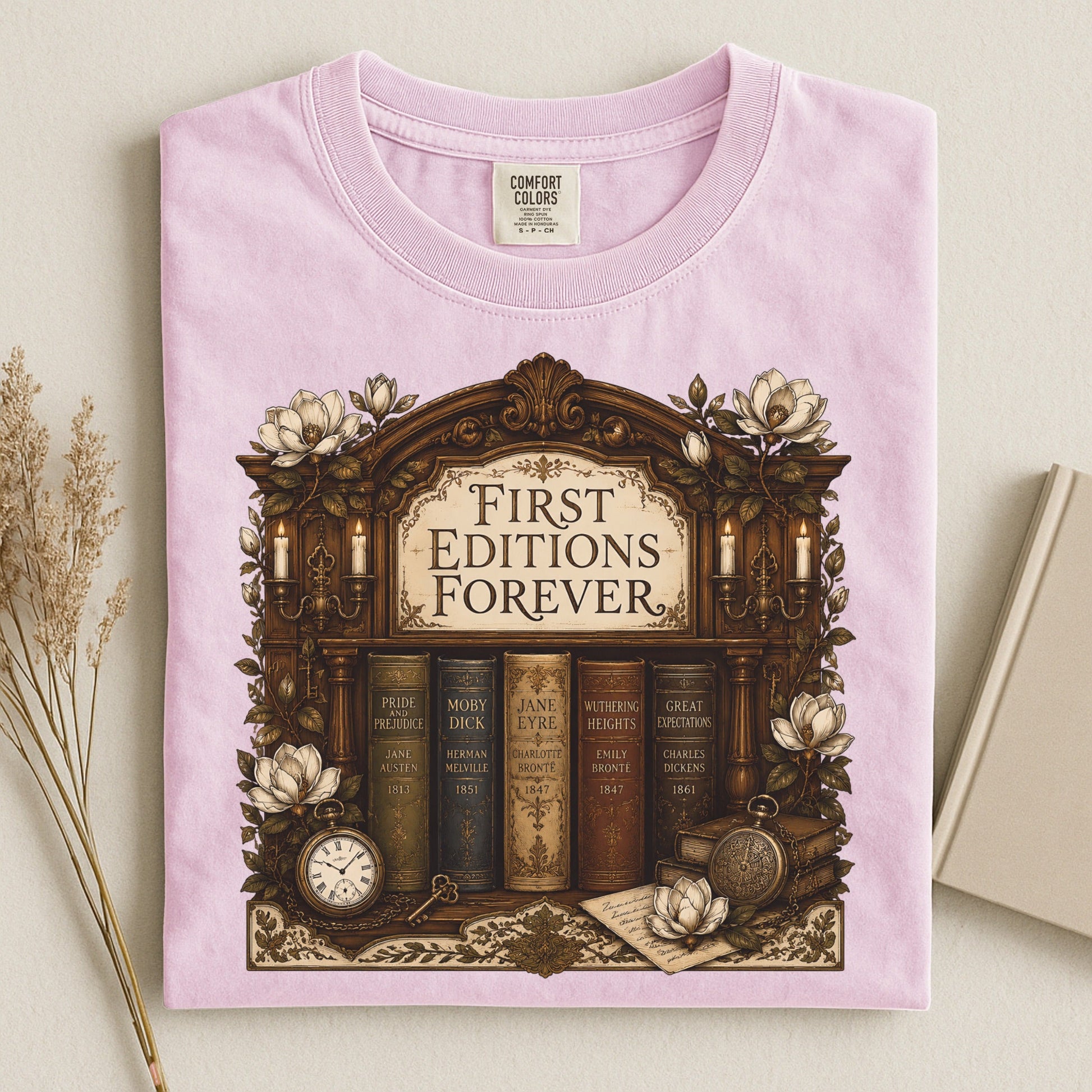 First Editions Forever bookish tee in Blossom, flat lay
