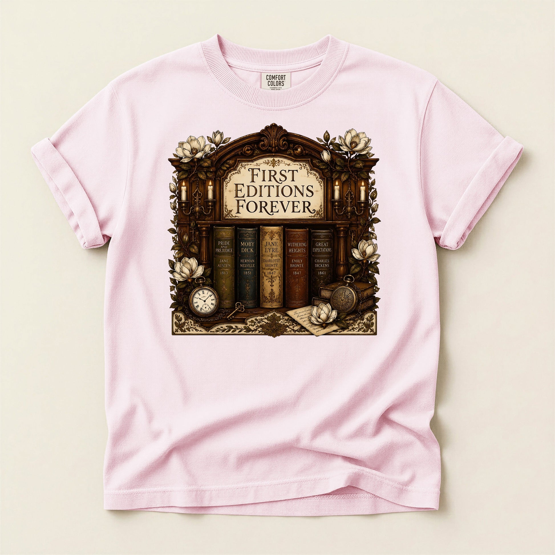 First Editions Forever bookish tee in Blossom, full flat