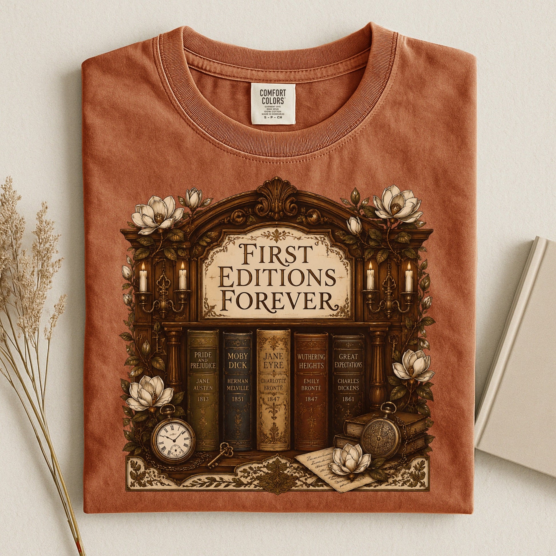 First Editions Forever bookish tee in Yam, flat lay
