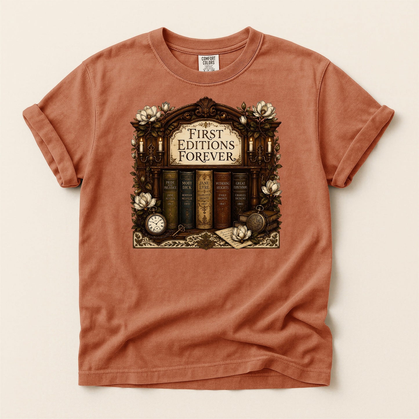 First Editions Forever bookish tee in Yam, full flat