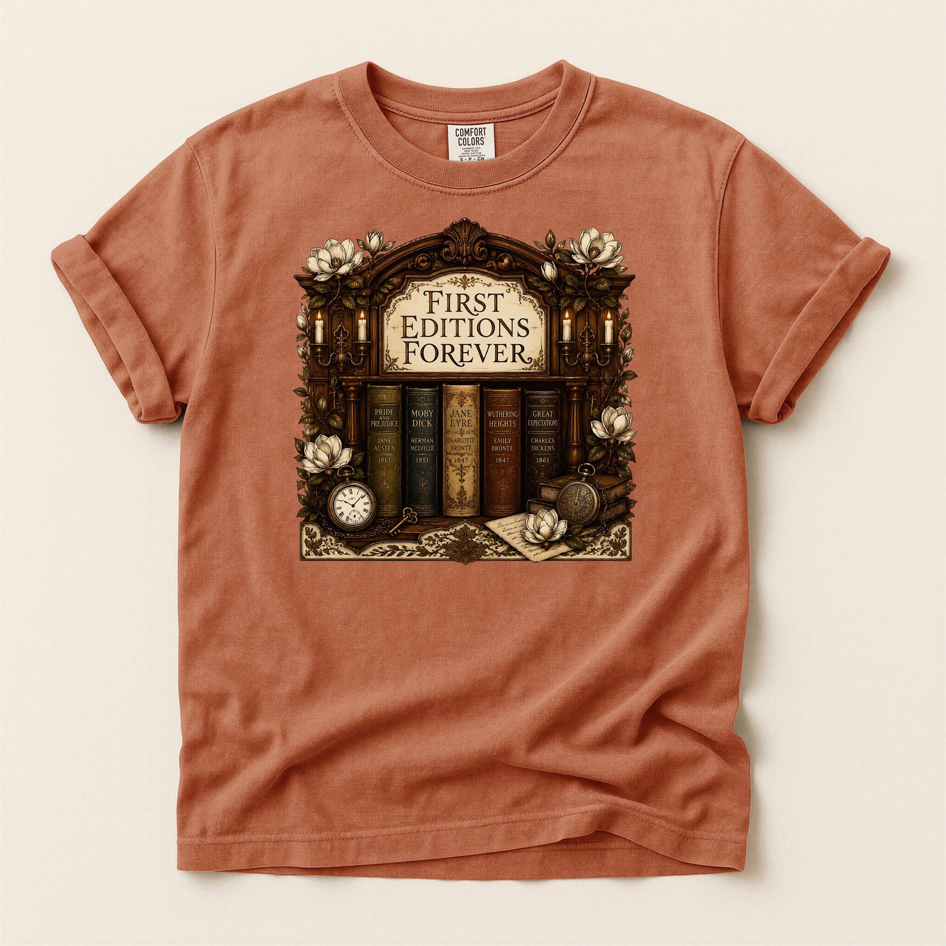 First Editions Forever bookish tee in Yam, full flat