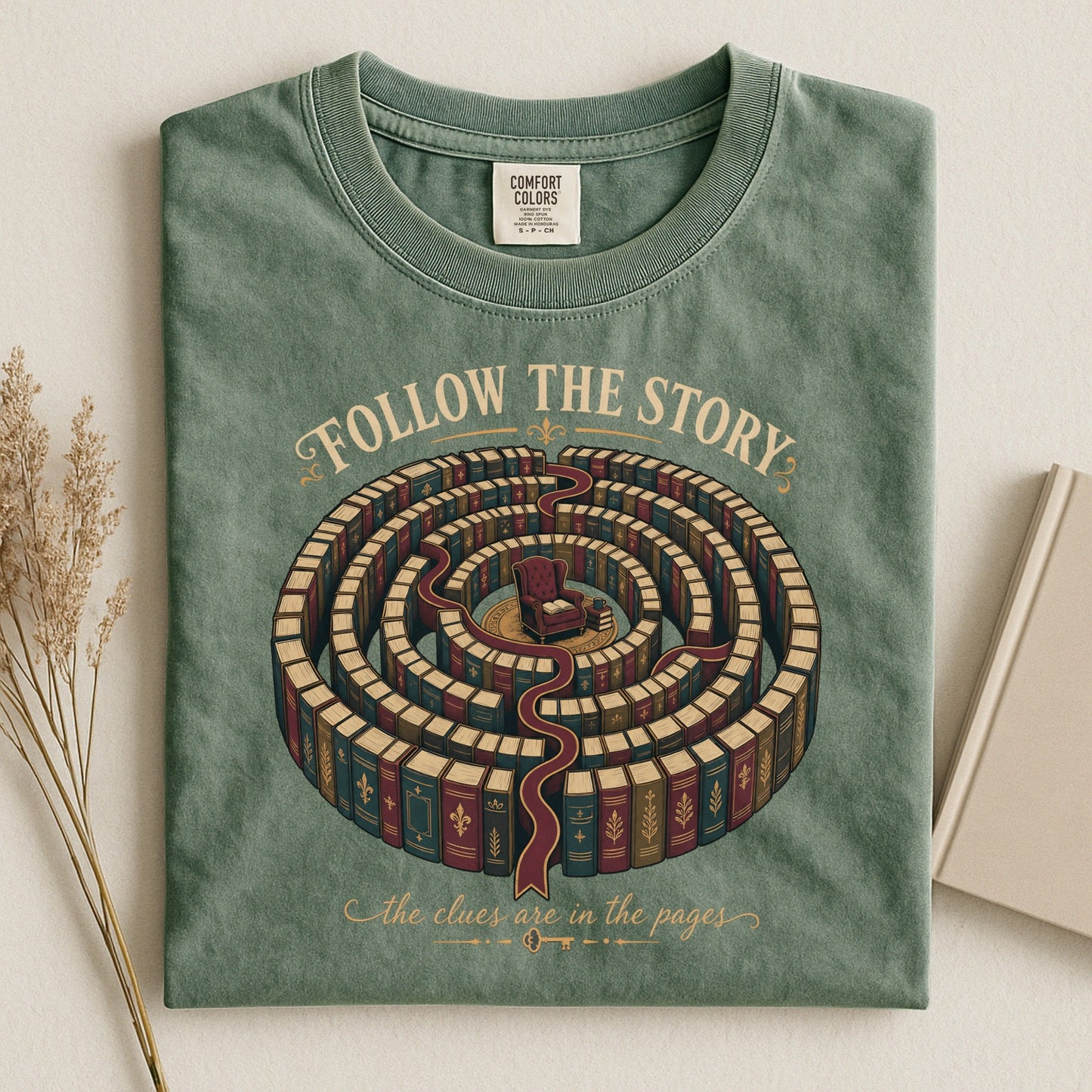 Follow the Story bookish tee in Moss, flat lay