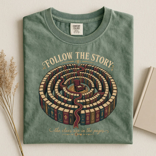 Follow the Story bookish tee in Moss, flat lay