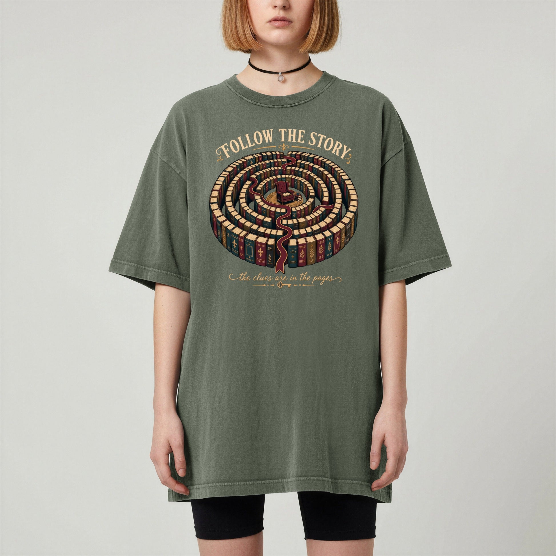 Follow the Story bookish tee in Moss, worn